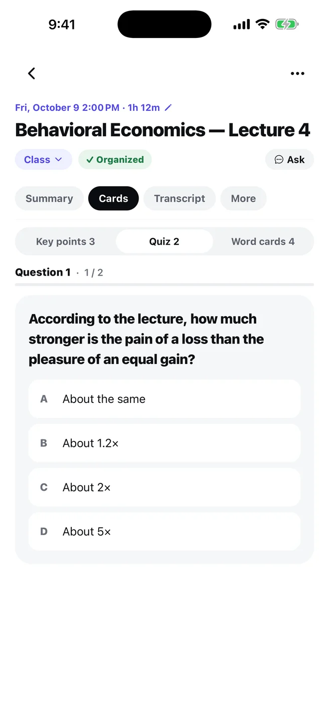 Summary cards and a quiz